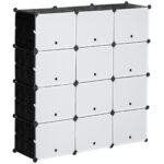 Botník úložný box s 12 kockami DIY zásuvná polica s dvierkami plast oceľ čierna + biela 125 x 32 x 125 cm
