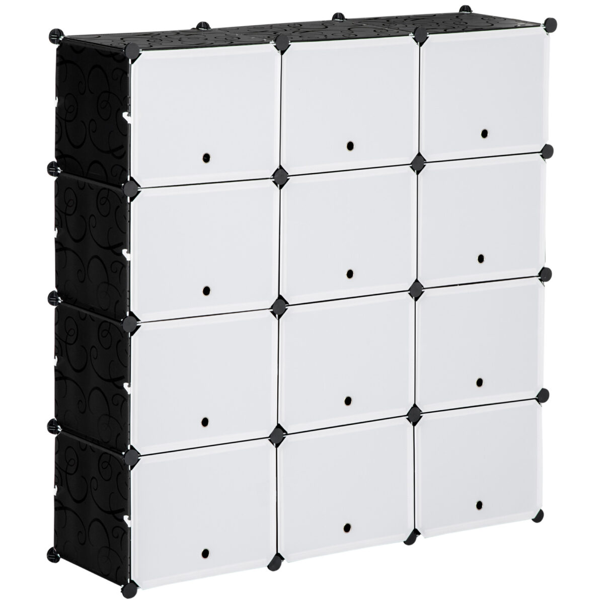 Botník úložný box s 12 kockami DIY zásuvná polica s dvierkami plast oceľ čierna + biela 125 x 32 x 125 cm