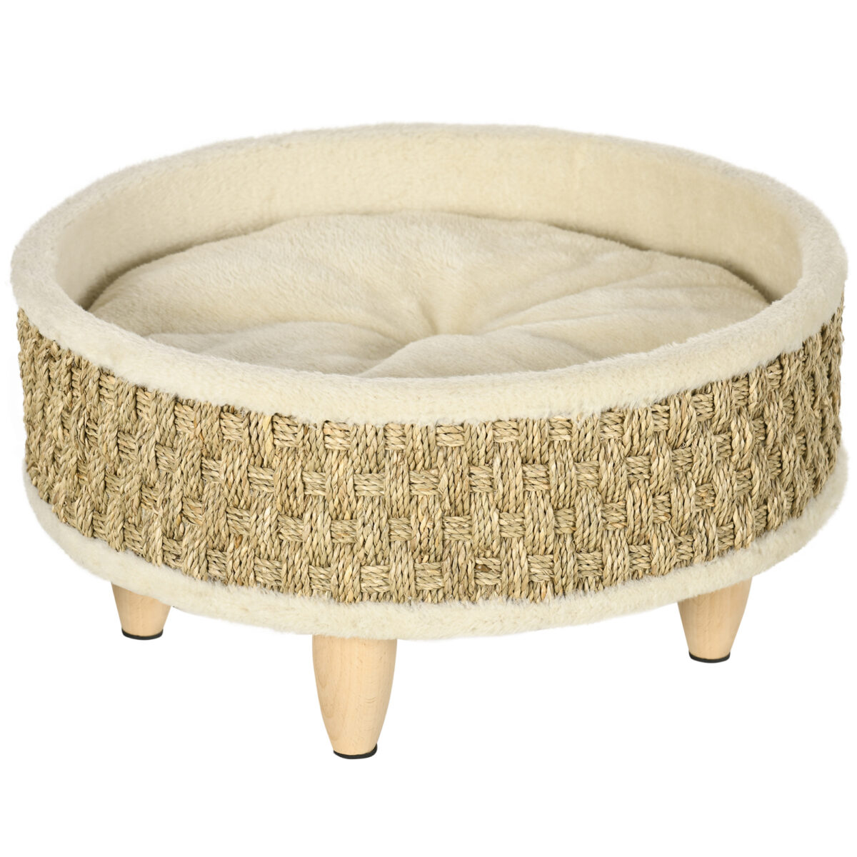 PawHut Hundesofa erhöhtes Haustierbett rund 48x48x245cm mit waschbarem Seegrasseil und Holzbeinen in Beige Khaki-Natur für komfortable Ruheplätze | Aosom.de